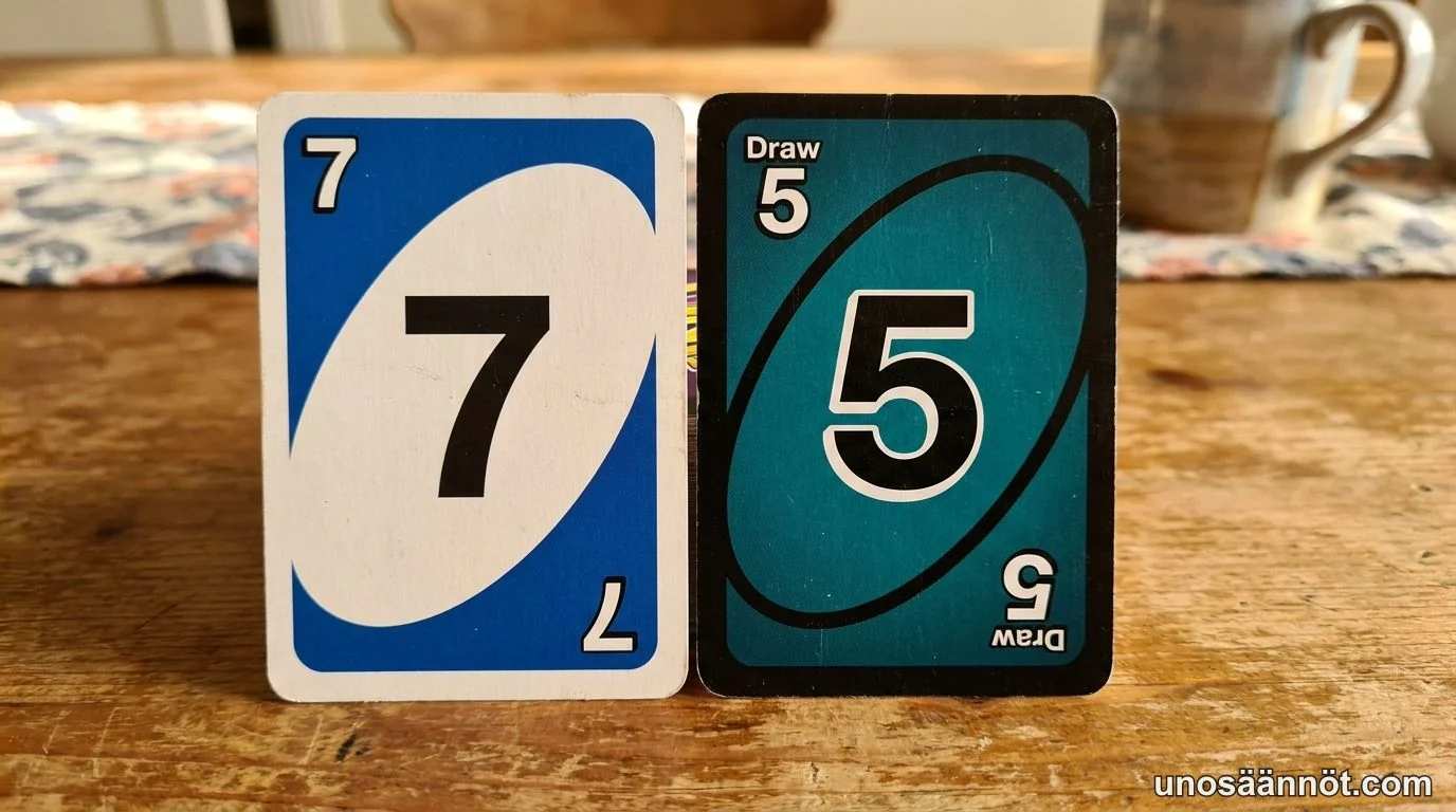 UNO Flip -kortit: vasemmalla vaalea puoli (sininen 7), oikealla tumma puoli (Draw 5)