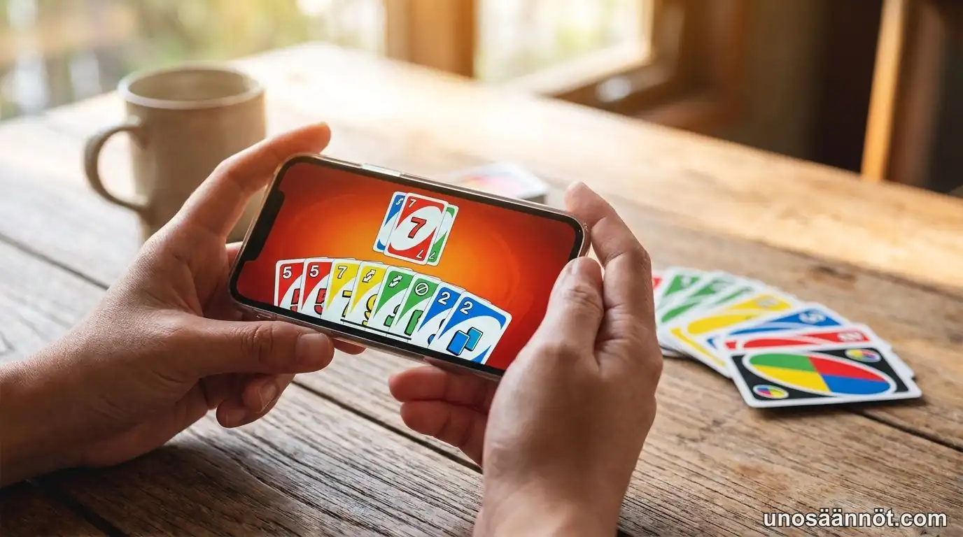 Pelaaja pitää älypuhelinta käsissään ja pelaa UNO-korttipeliä mobiilisovelluksella