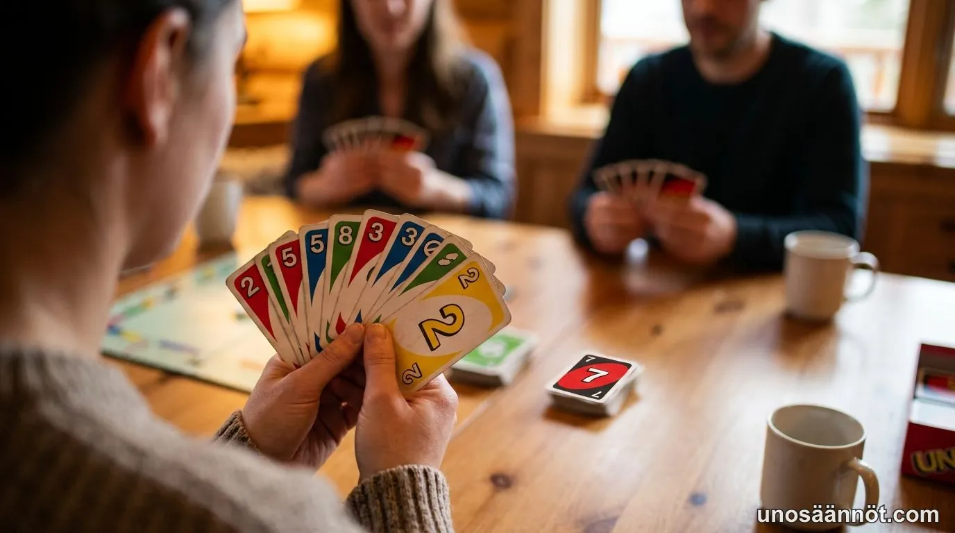 UNO-pelaaja seuraa poistopakkaa ja laskee mielessään jo pelattuja villejä ja nostokortteja